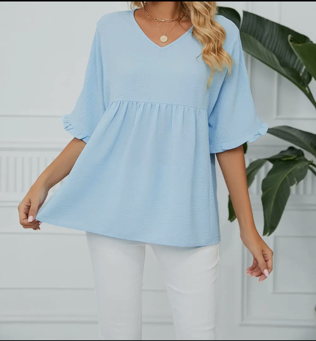 Textured Ruffle Gathered Top Short Sleeve V Neck