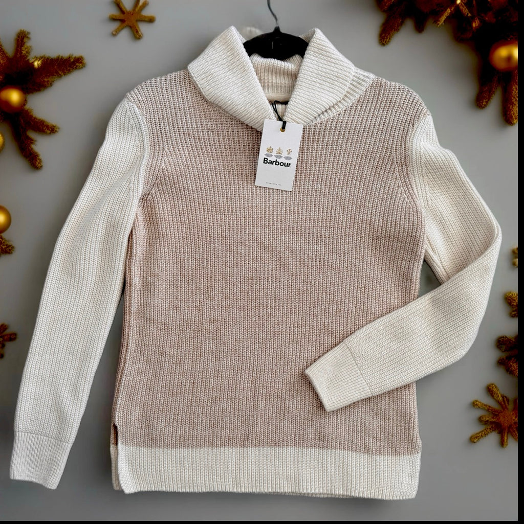 BARBOUR Roll Collar Sweater Wool Blend Ribbed in Caramel Cream