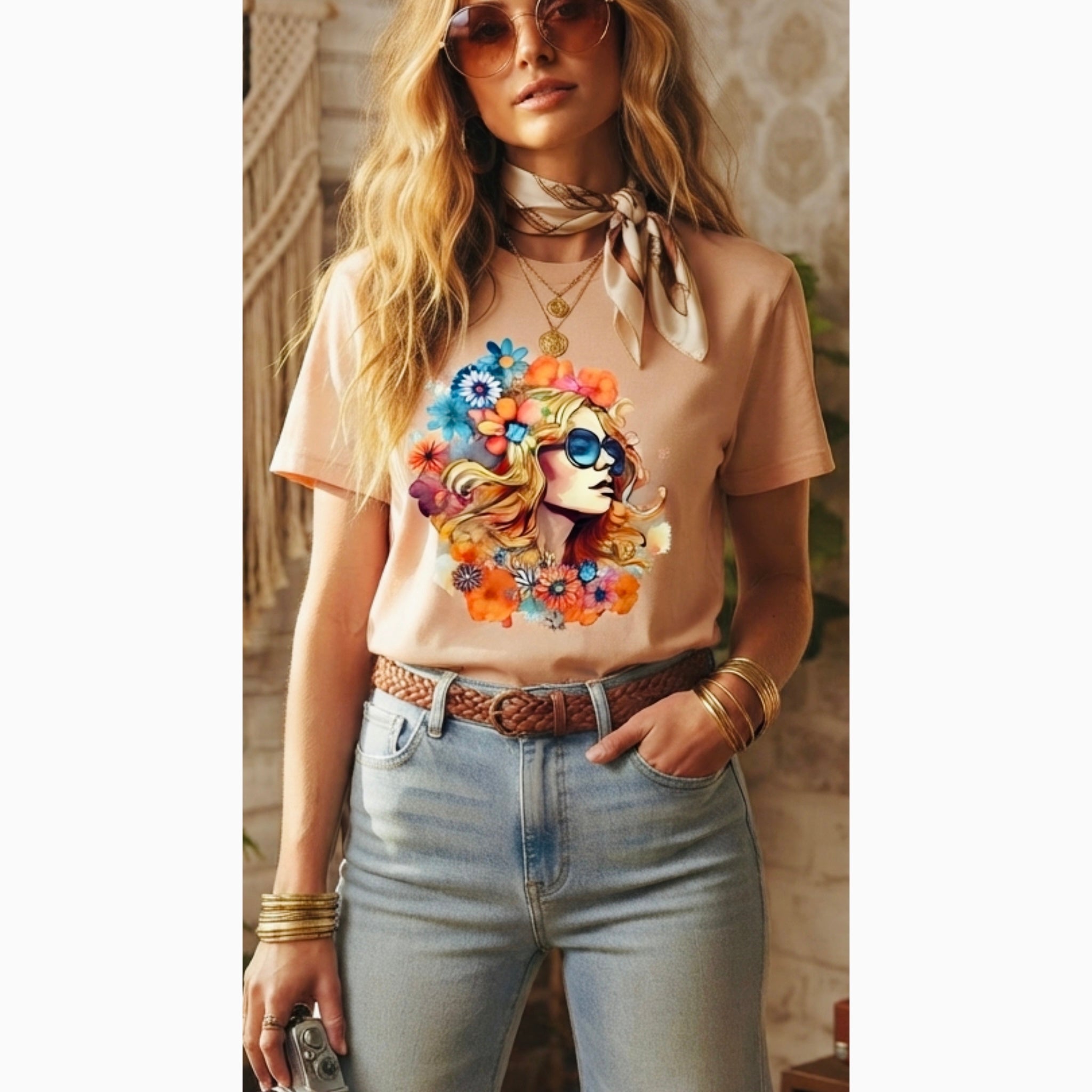 Boho Vintage 70s Style Lady in Flowers Graphic Tee Shirt in Beige Pink