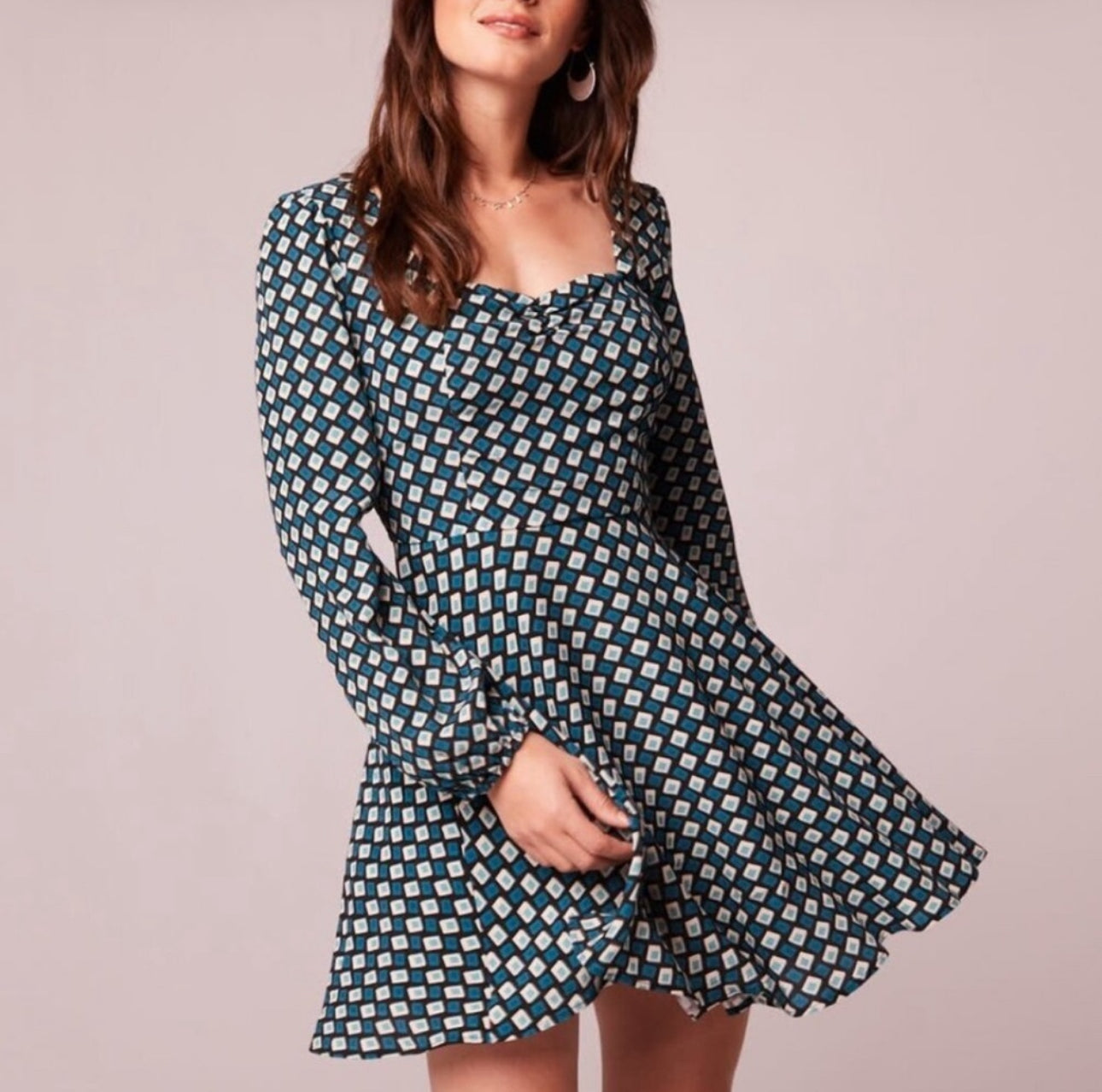BAND OF THE FREE Genevieve Autumn Teal Diamond Long Sleeve Mini Dress