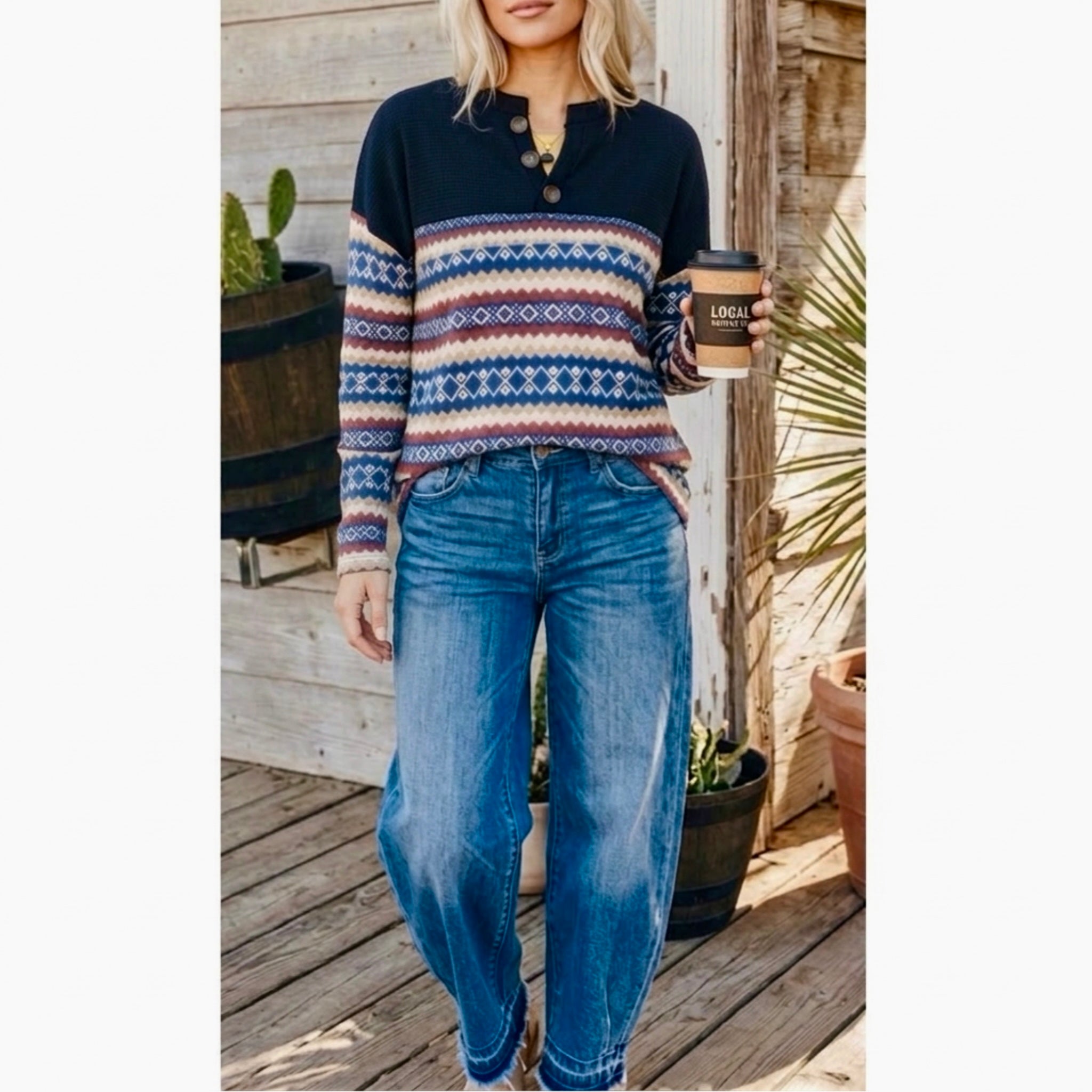Southern Grace: The Sedona Sky Aztec Henley Pull Over Sweater Navy Multi