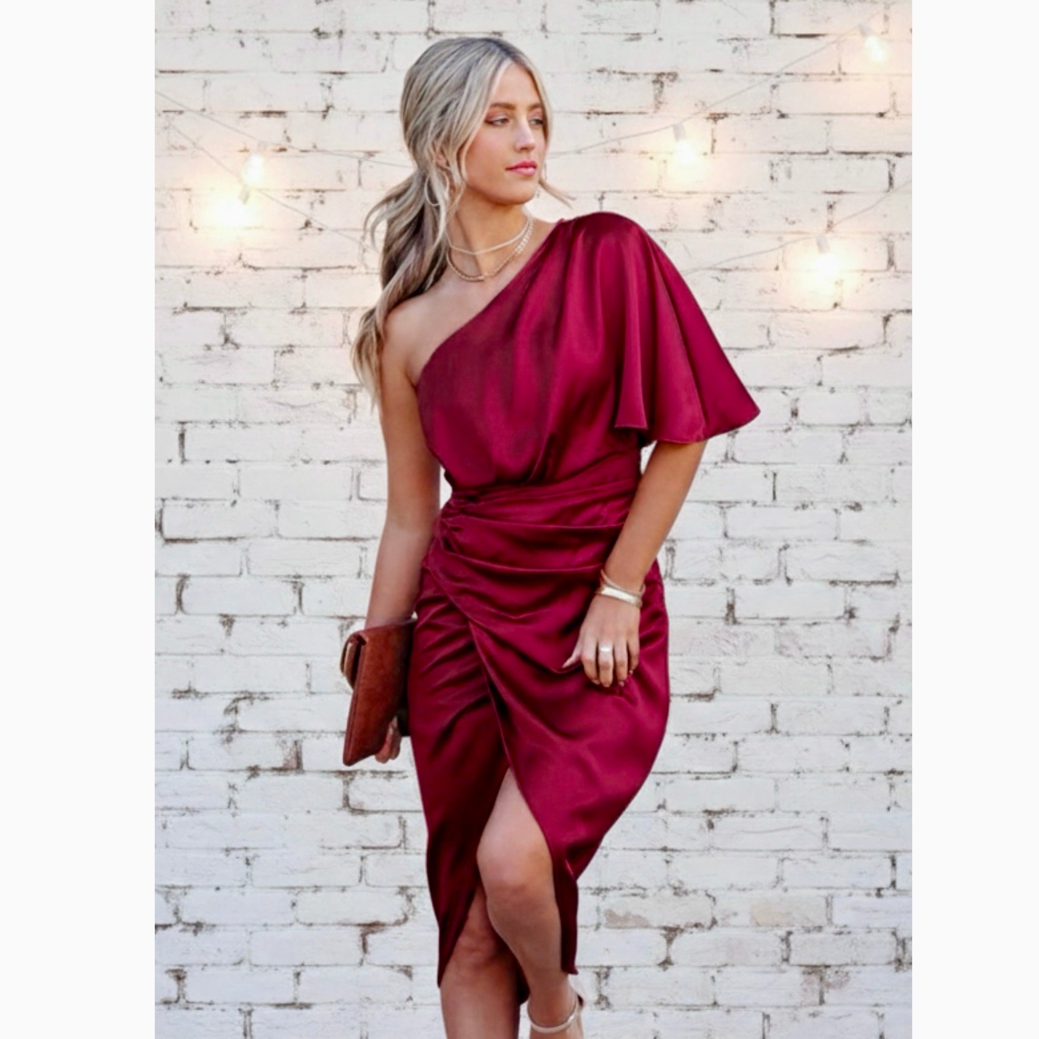 Ramla Wedding Guest Dress Sheath One Shoulder in Burgundy Red