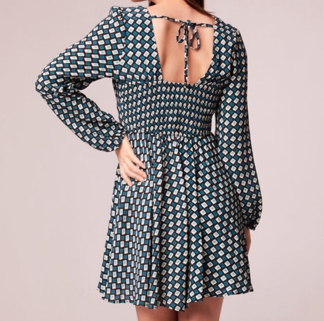 BAND OF THE FREE Genevieve Autumn Teal Diamond Long Sleeve Mini Dress