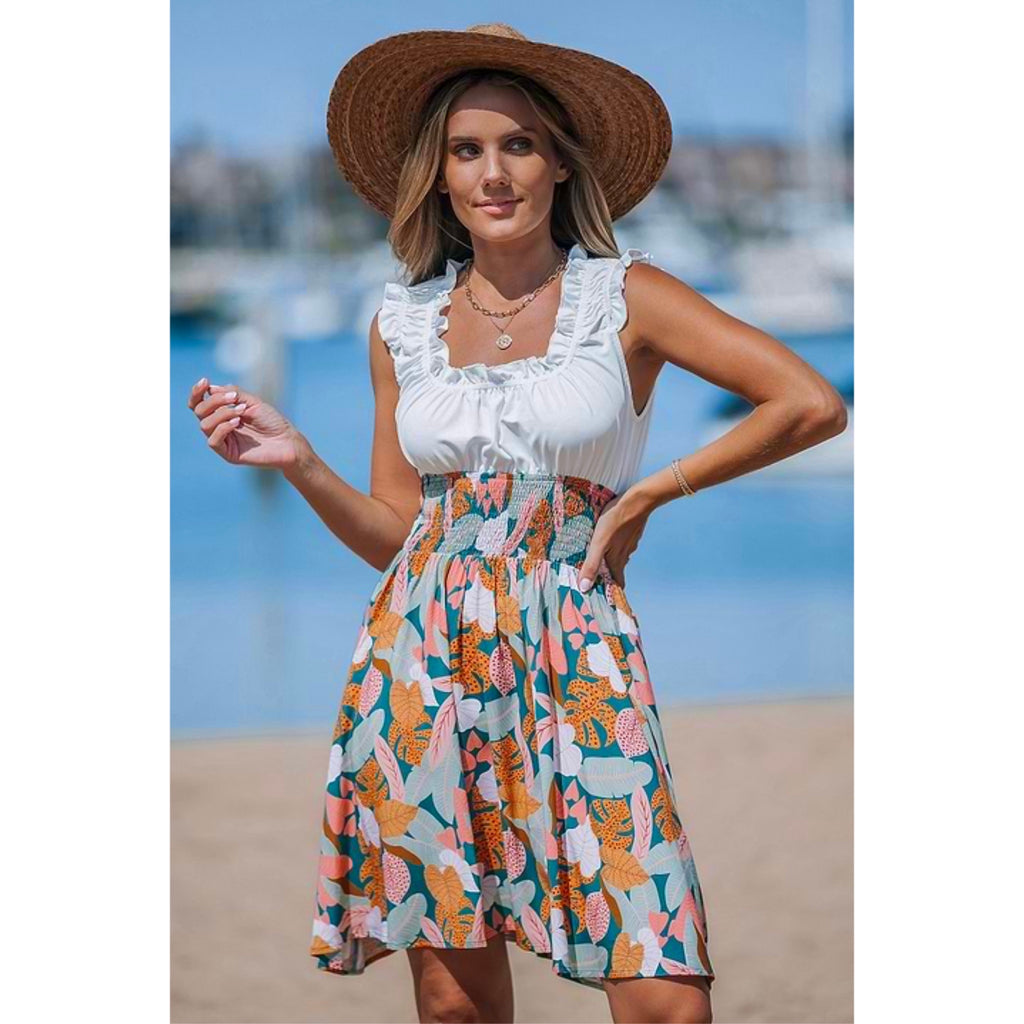 White Ruffled Tank Tropical Skirt Mini Dress Beach Swim Cover Up