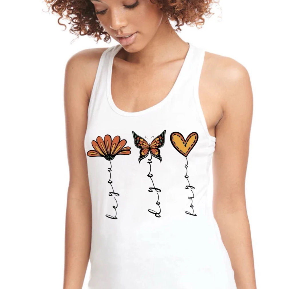 BE YOU Women’s Graphic Tank Top Butterfly Heart Boho Design Racer Back