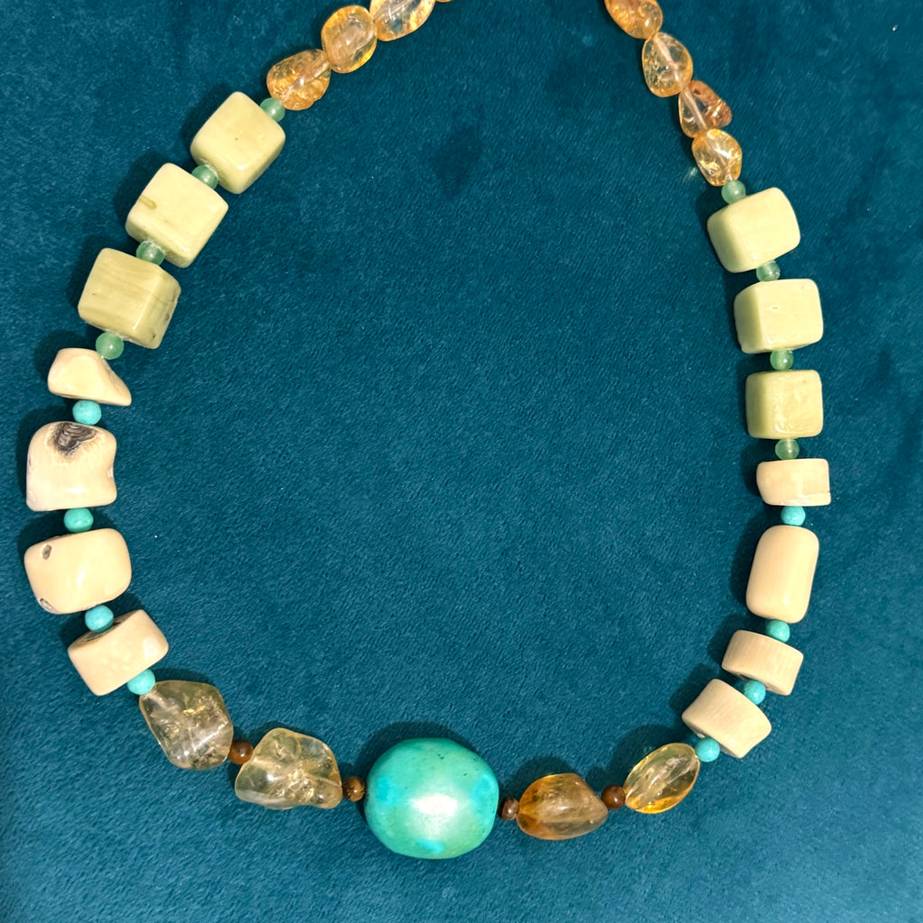 Artisan Chunky Stone Boho Statement Necklace Gemstone Jade Citrine Turquoise Mix