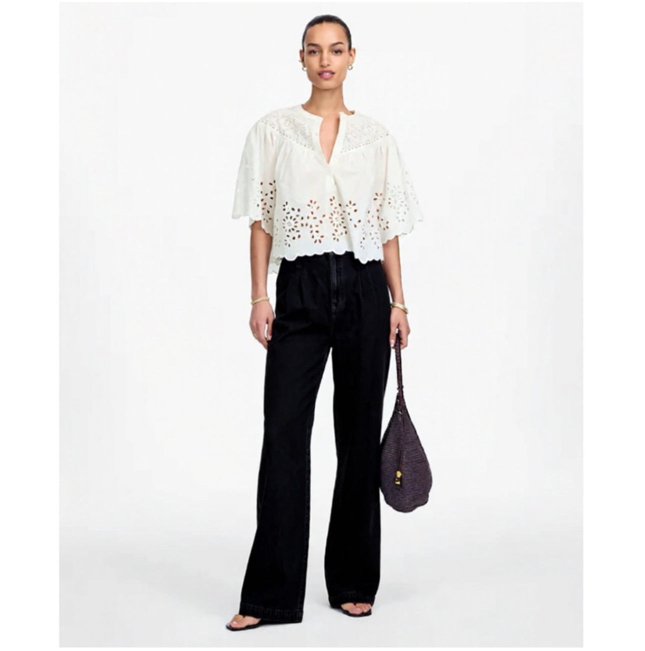 Madewell Elegant Eyelet Embroidered Blouse Swingy Top in White