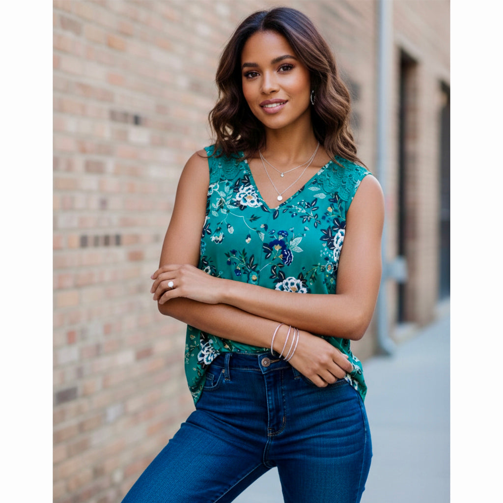 Daniel Rainn Tropical Green Floral Sleeveless Blouse Crochet Lace