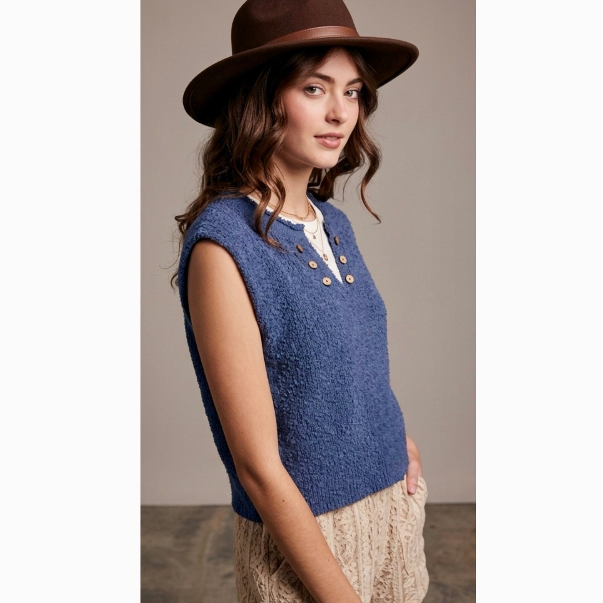 La Miel Slouchy Bouclé Knit Vest in Dusty Indigo