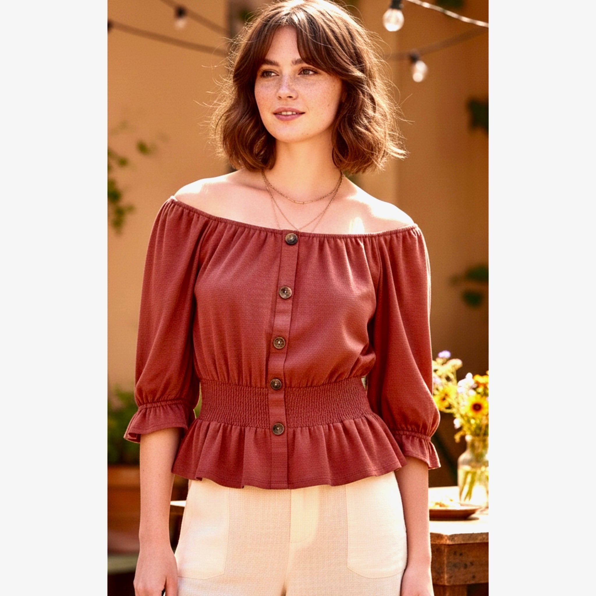 Burnt Orange Boho Blouse Button Accent Cinched Waist Knit Top