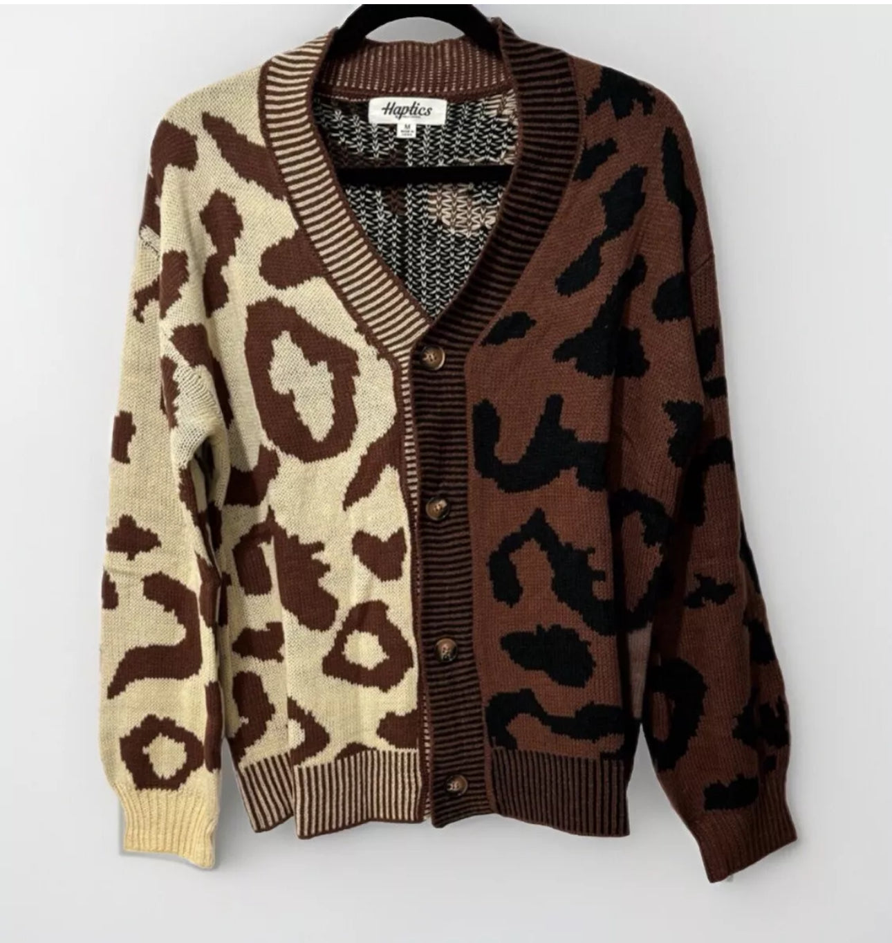 HAPTICS Taupe & Sepia Leopard Print Color Block Fall Buttoned Cardigan Sweater