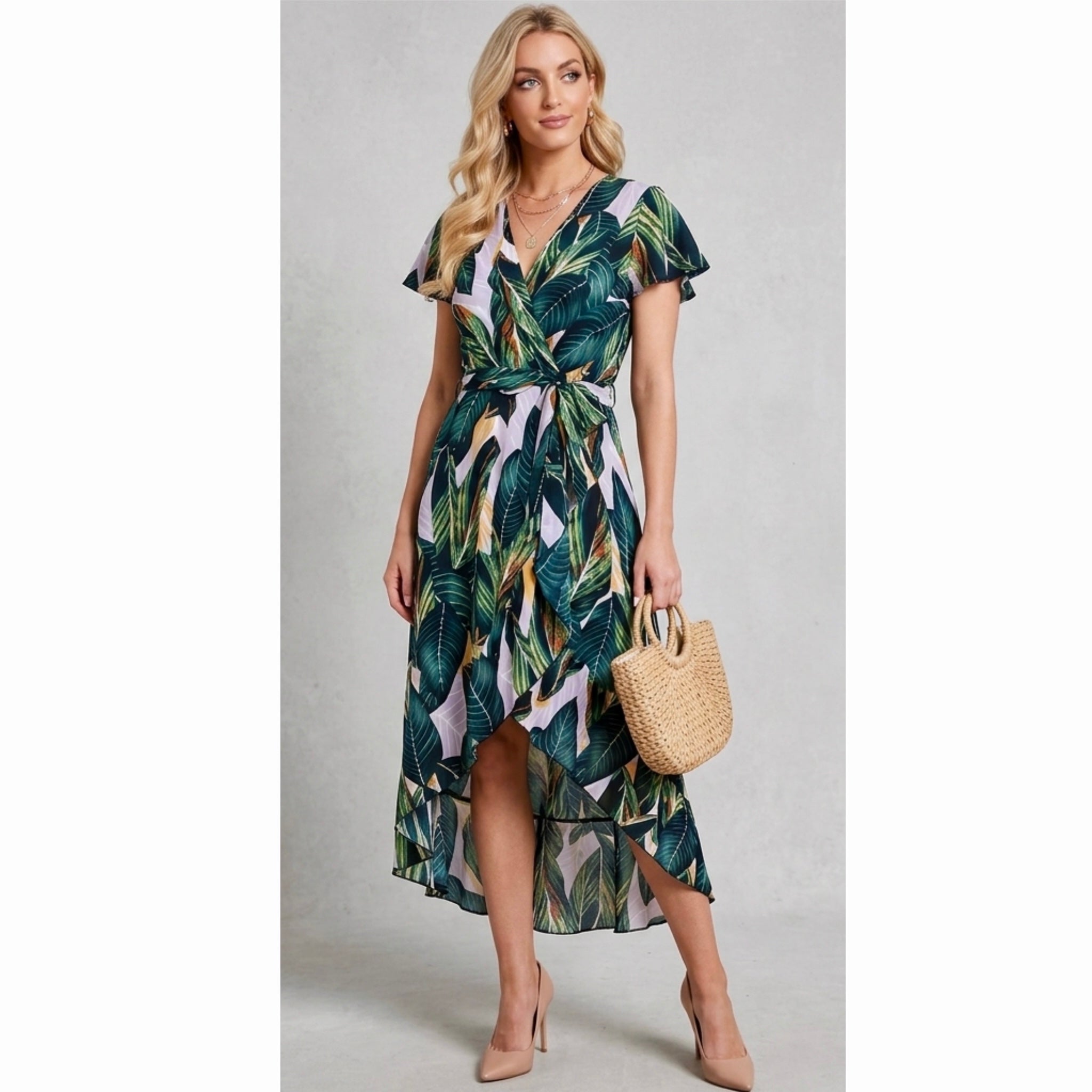 LA SOUL Tropical Leaf Print Faux Wrap Dress Midi Short Sleeve Tie Belt