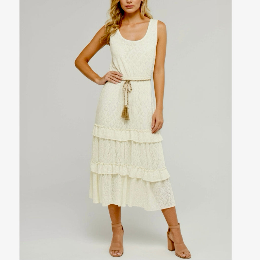KATE AND LILY Women’s Lace Boho Daydream Midi Dress Sleeveless Cream Ruffle