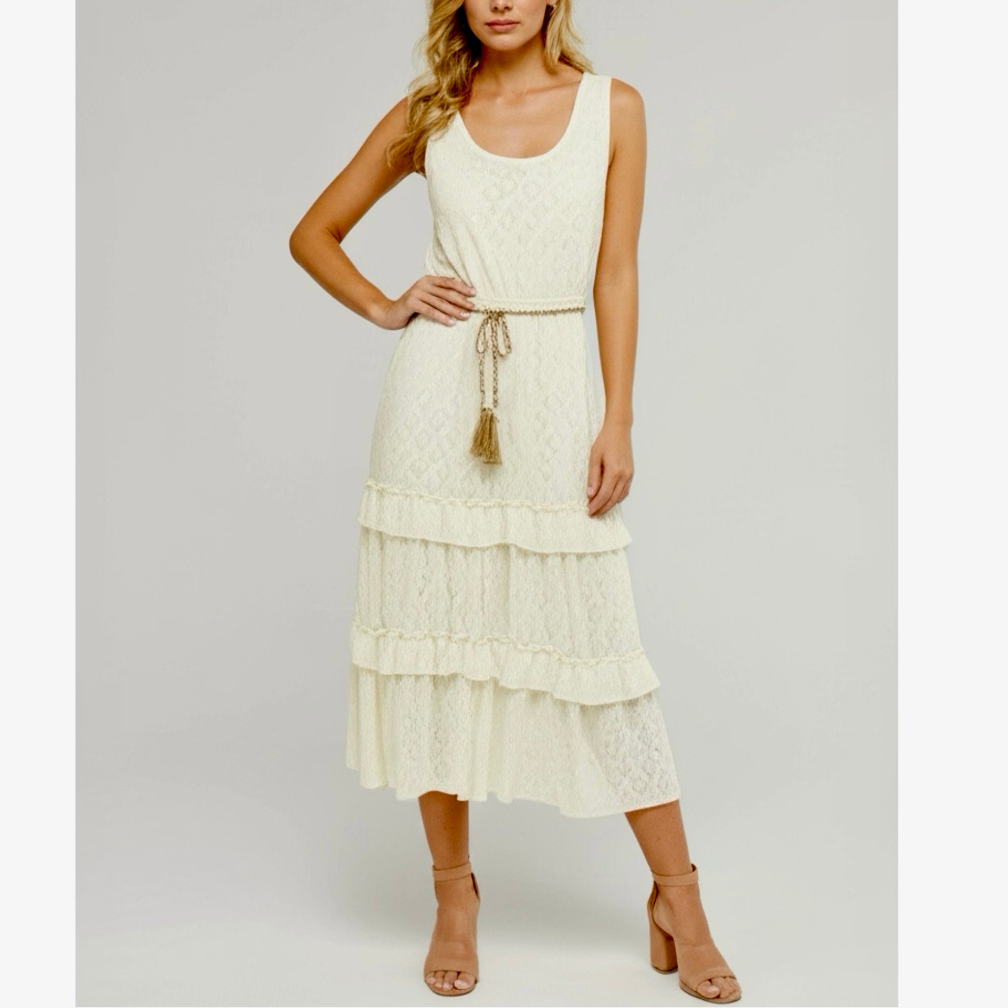 KATE AND LILY Women’s Lace Boho Daydream Midi Dress Sleeveless Cream Ruffle