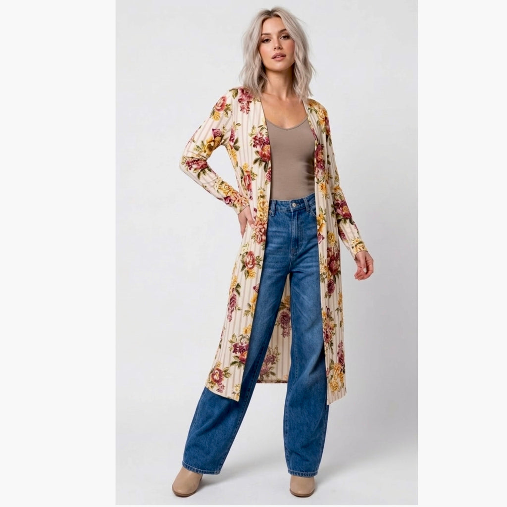Boho-Chic Floral Stripe Longline Kimono Duster