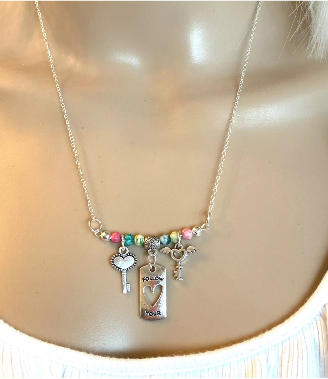 FOLLOW YOUR HEART Gemstone Beaded Silver Plate Chain Bar Charm Necklace 19"