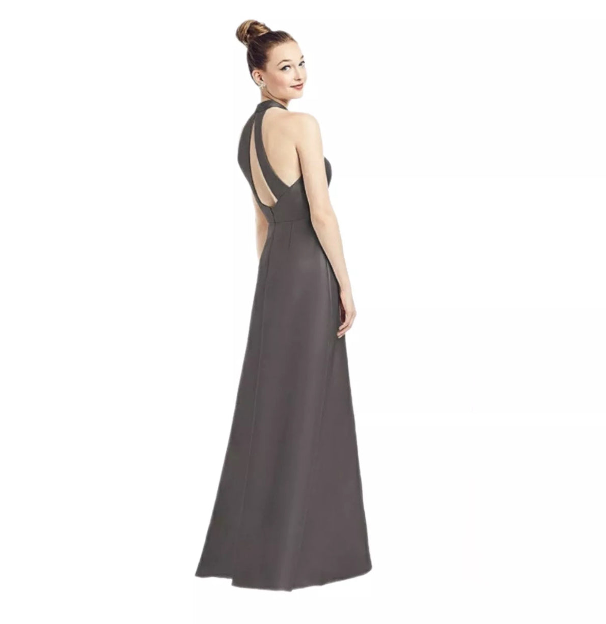 ALFRED SUNG Gown Halter Dress Caviar Gray Satin Twill Pockets