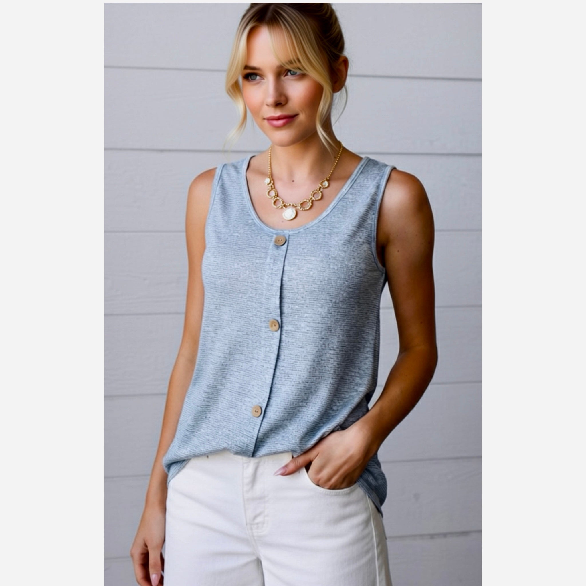 Coastal Bella Light Blue Button Down Sleeveless Top Knit Blouse