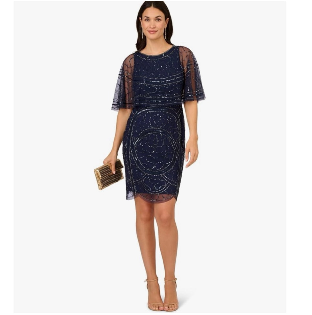 Adrianna Papell Sparkle Beaded Mesh Popover Dress Cocktail Evening Navy Sz 4 only