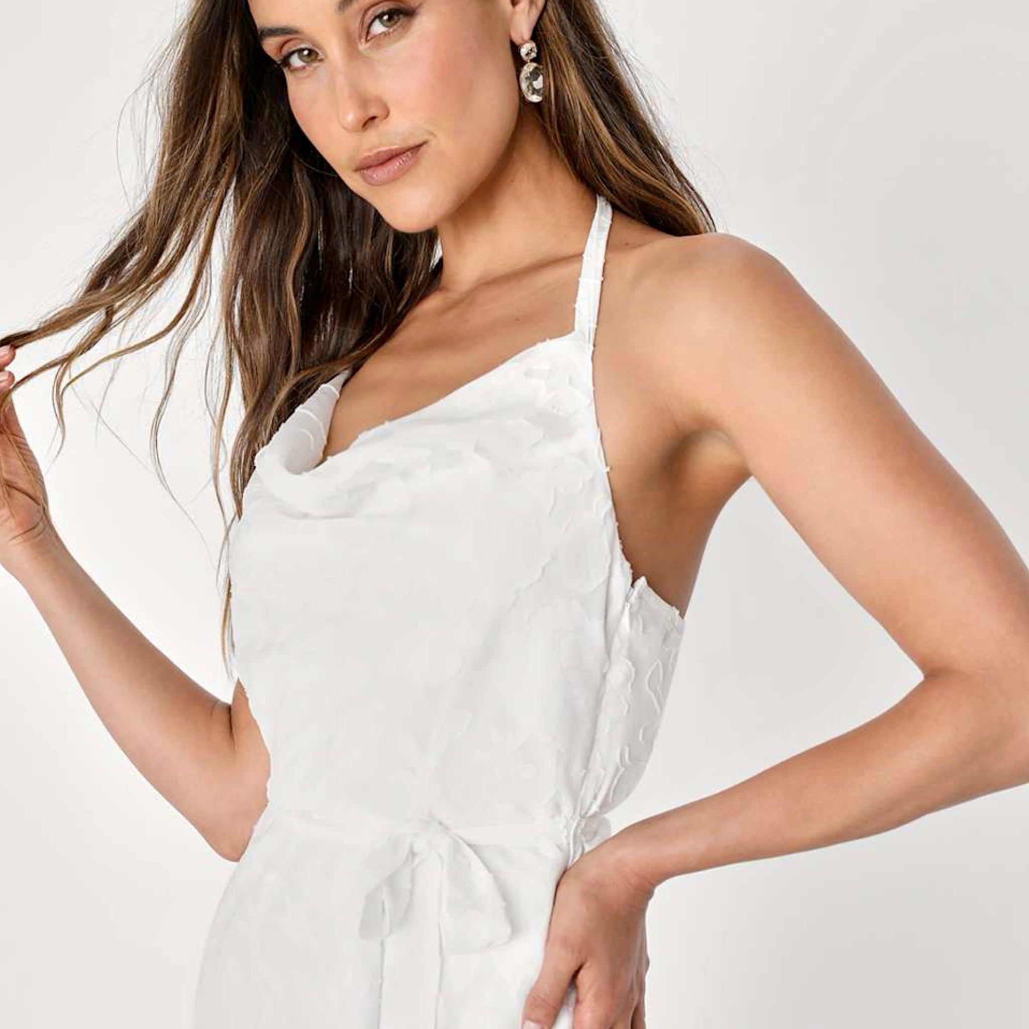 New Lulus Graceful White Floral Jacquard Halter Elegant Midi Dress