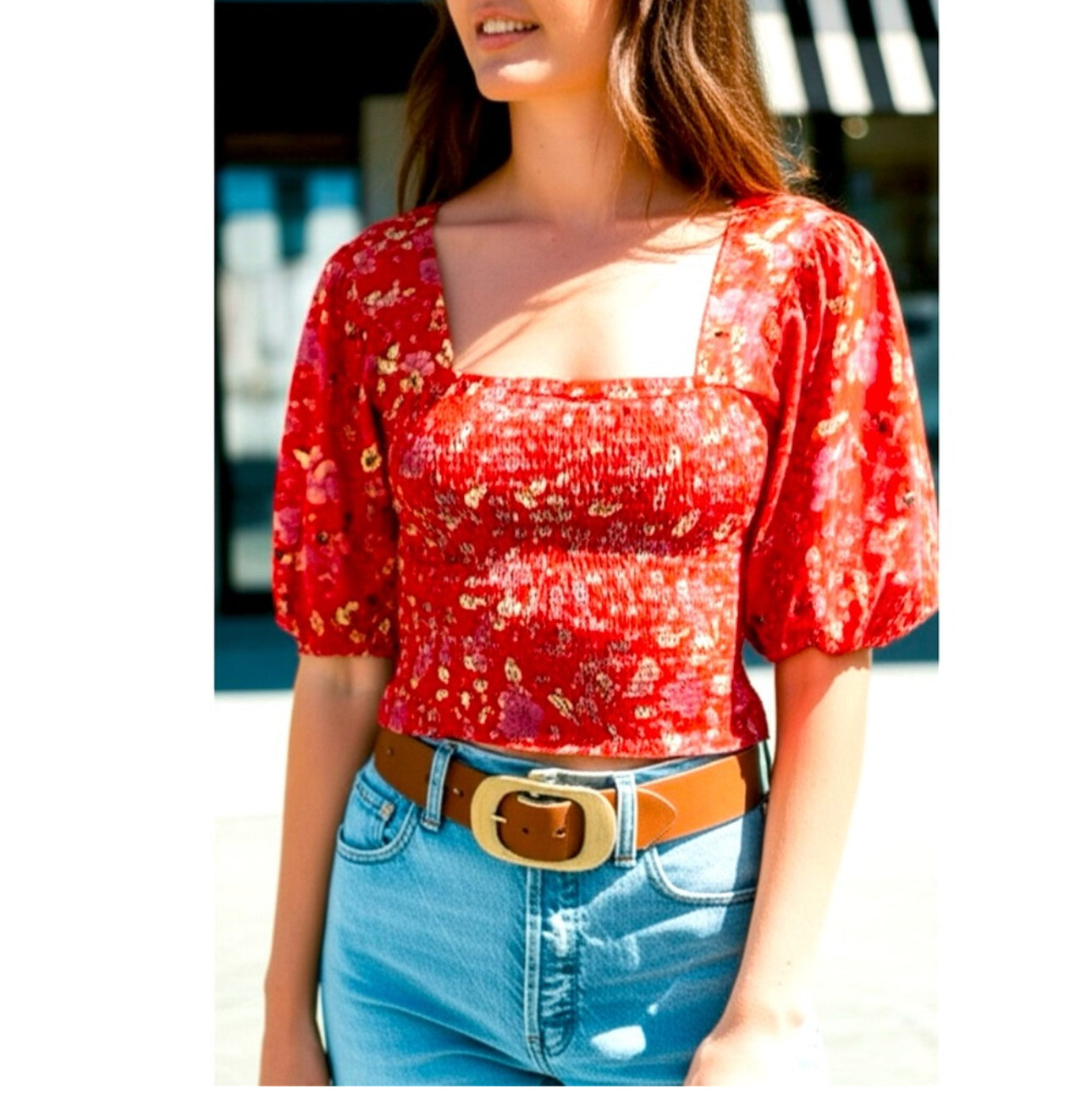 B.O.G. Collective Band Of The Free Boho Red Floral Blouse Smocked Cropped