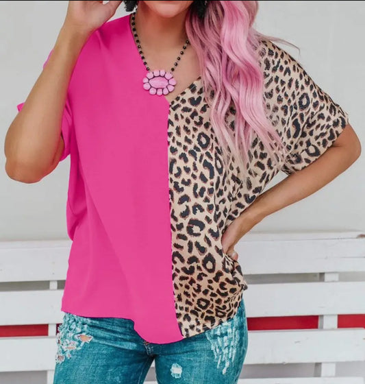 Contrast Pink & Leopard Colorblock V Neck Top Short Sleeve Shirt