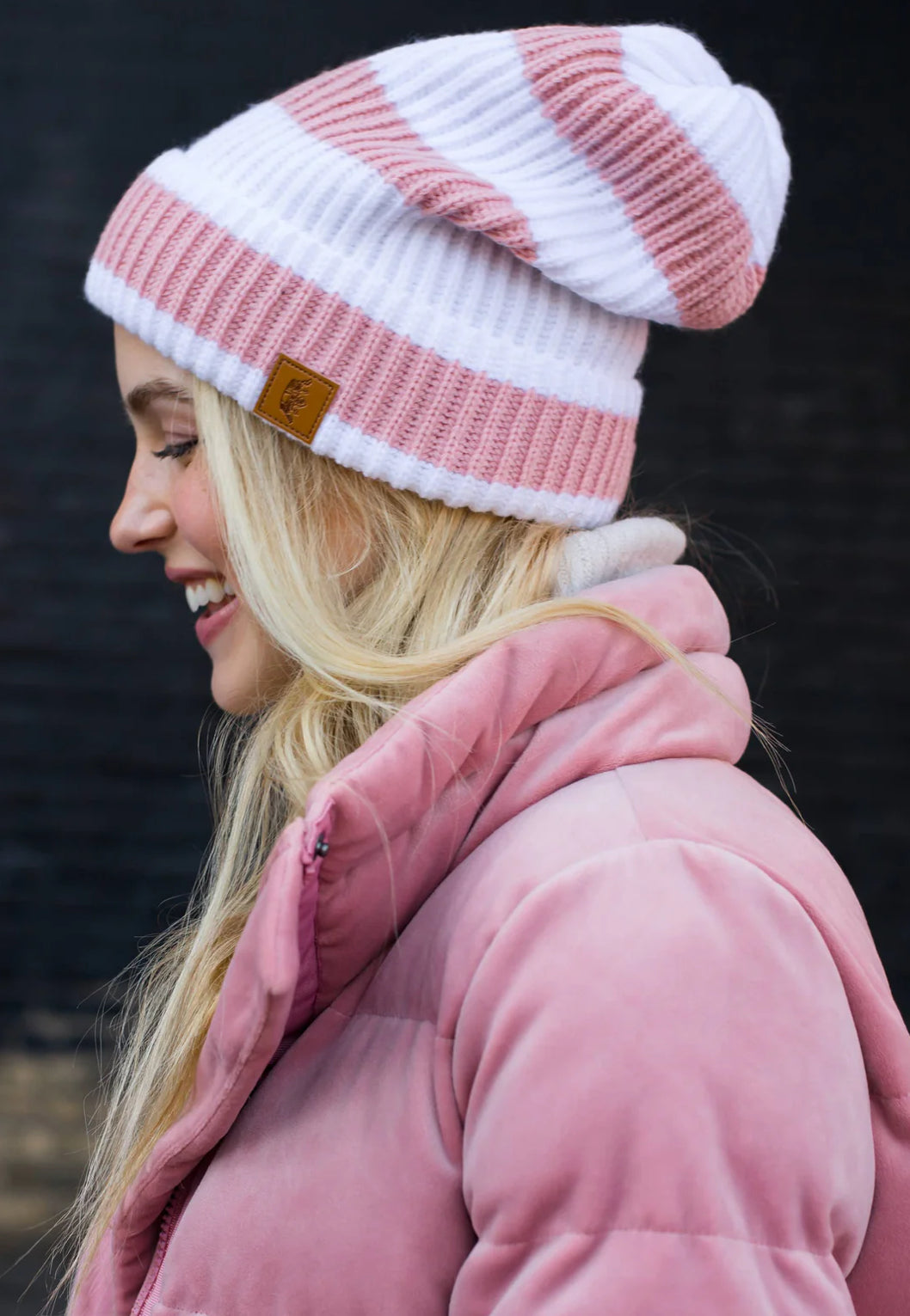 PANACHE Pink Blush & White Striped Slouchy Knit Beanie