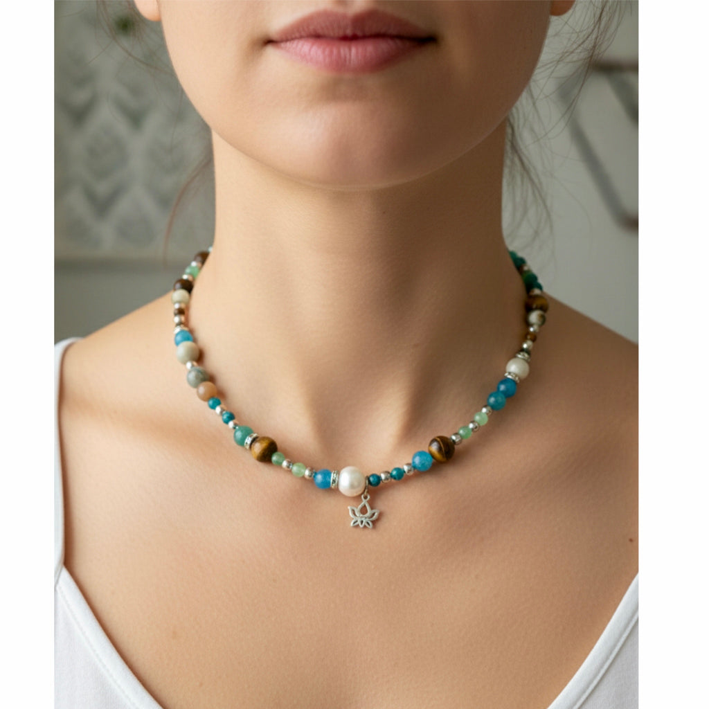 Handmade Sterling Silver S925 Lotus Pendant Gemstone Necklace Pearl Tigers Eye