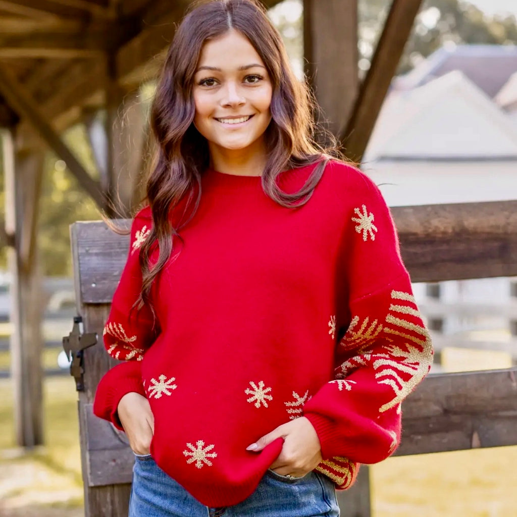 SOUTHERN GRACE Nightfall Frost Red Knit Sweater Gorgeous Gold Snowflakes