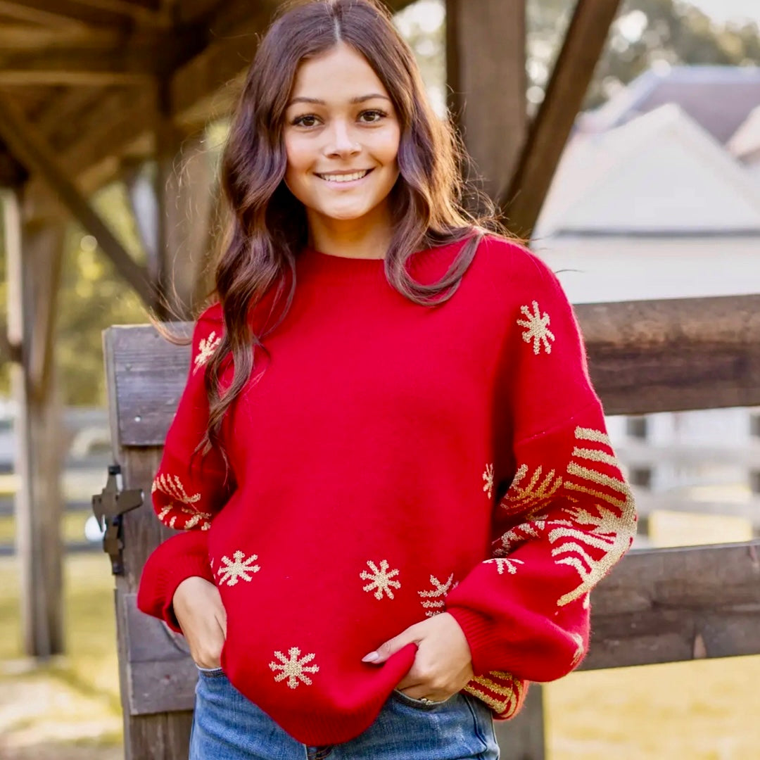 SOUTHERN GRACE Nightfall Frost Red Knit Sweater Gorgeous Gold Snowflakes