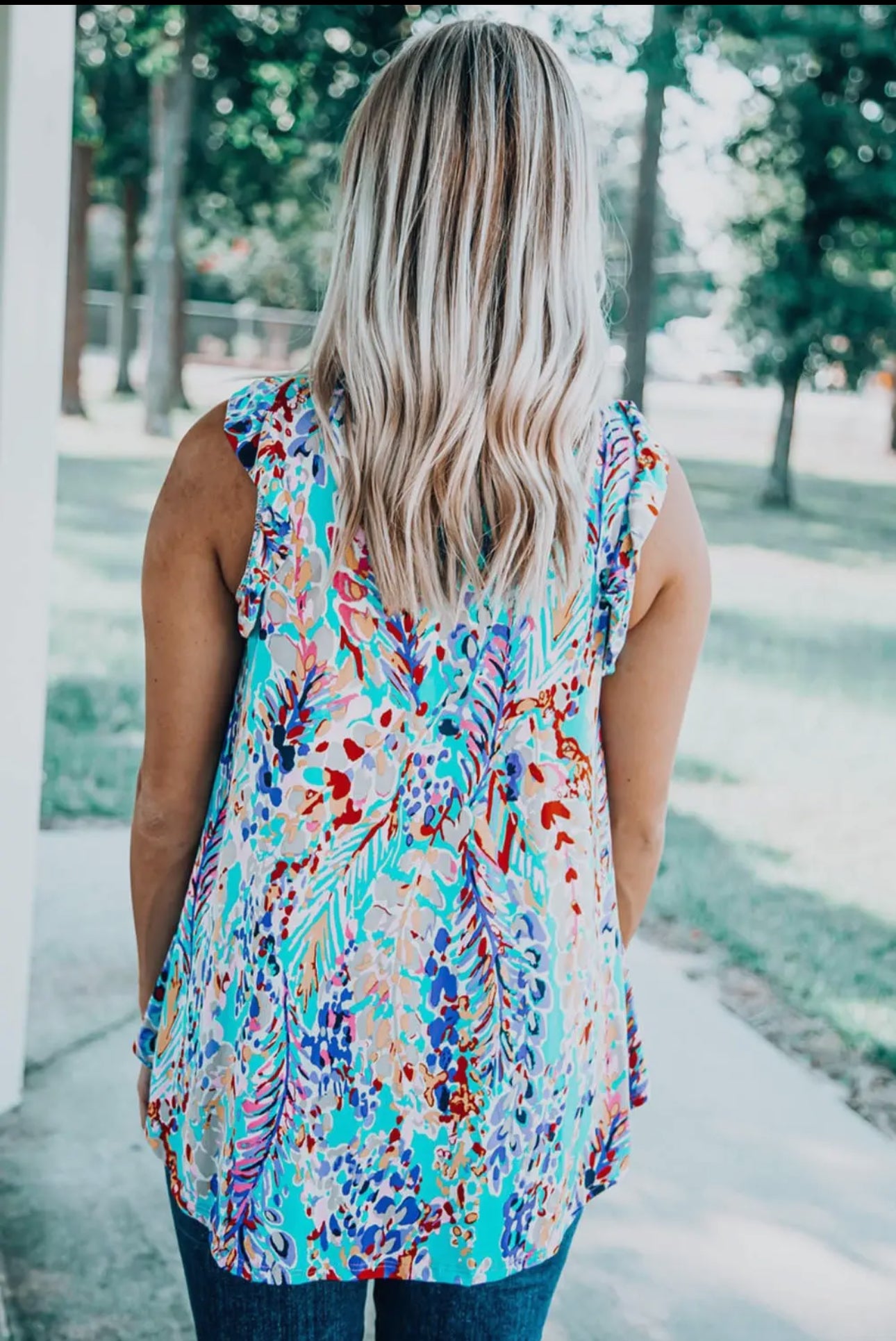 Floral Print Ruffle Sleeve Summer Top Coastal Blue Blouse