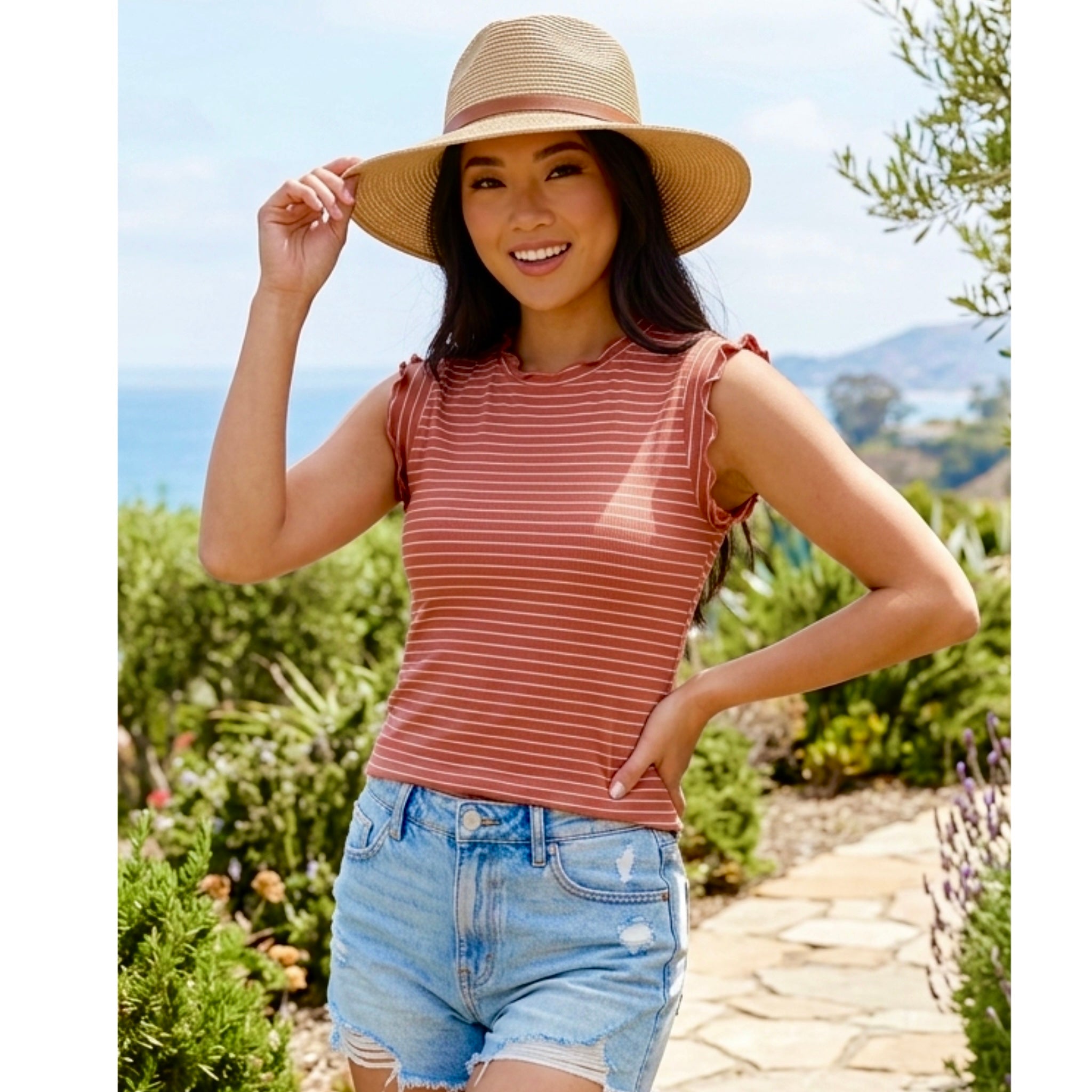 LA MIEL Boho Ribbed Ruffle Trim Striped Tank Top in Terracotta White