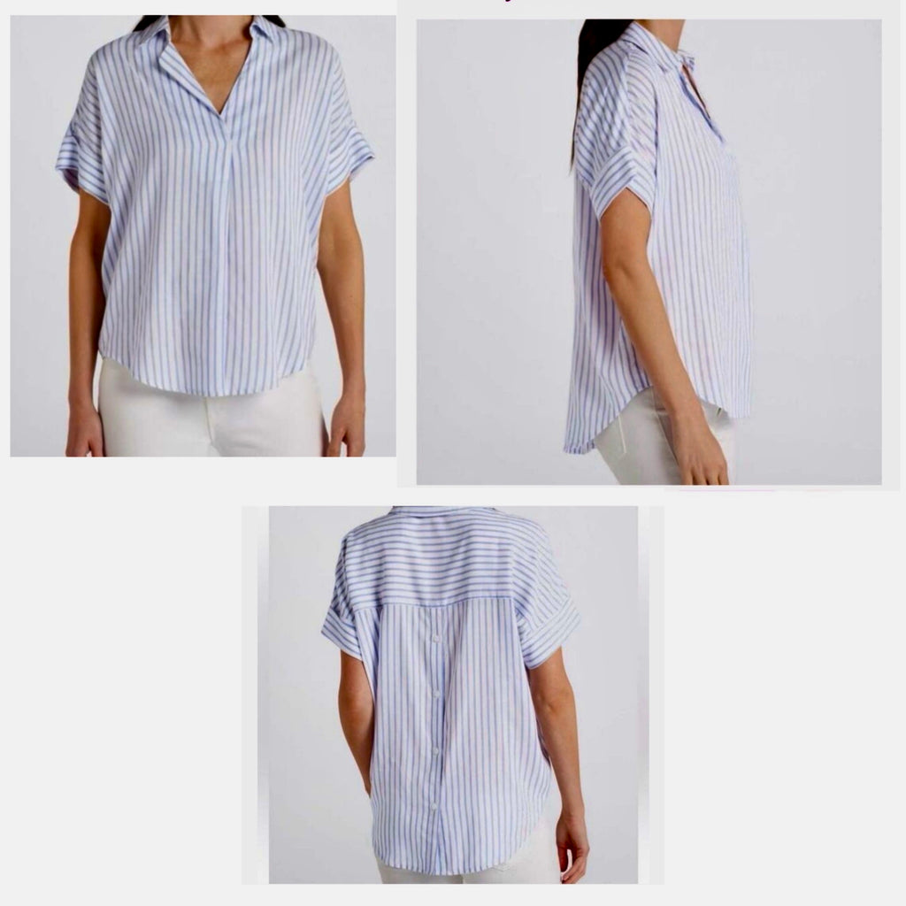 MONDAY FUN Stitch Fix Button Back Blouse Coastal Stripe - White Blue