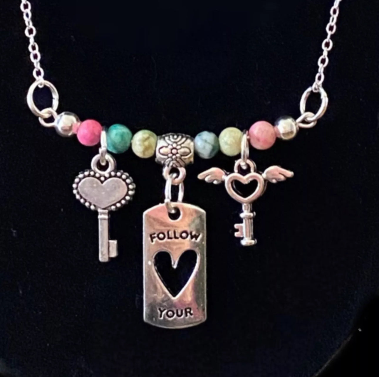 FOLLOW YOUR HEART Gemstone Beaded Silver Plate Chain Bar Charm Necklace 19"