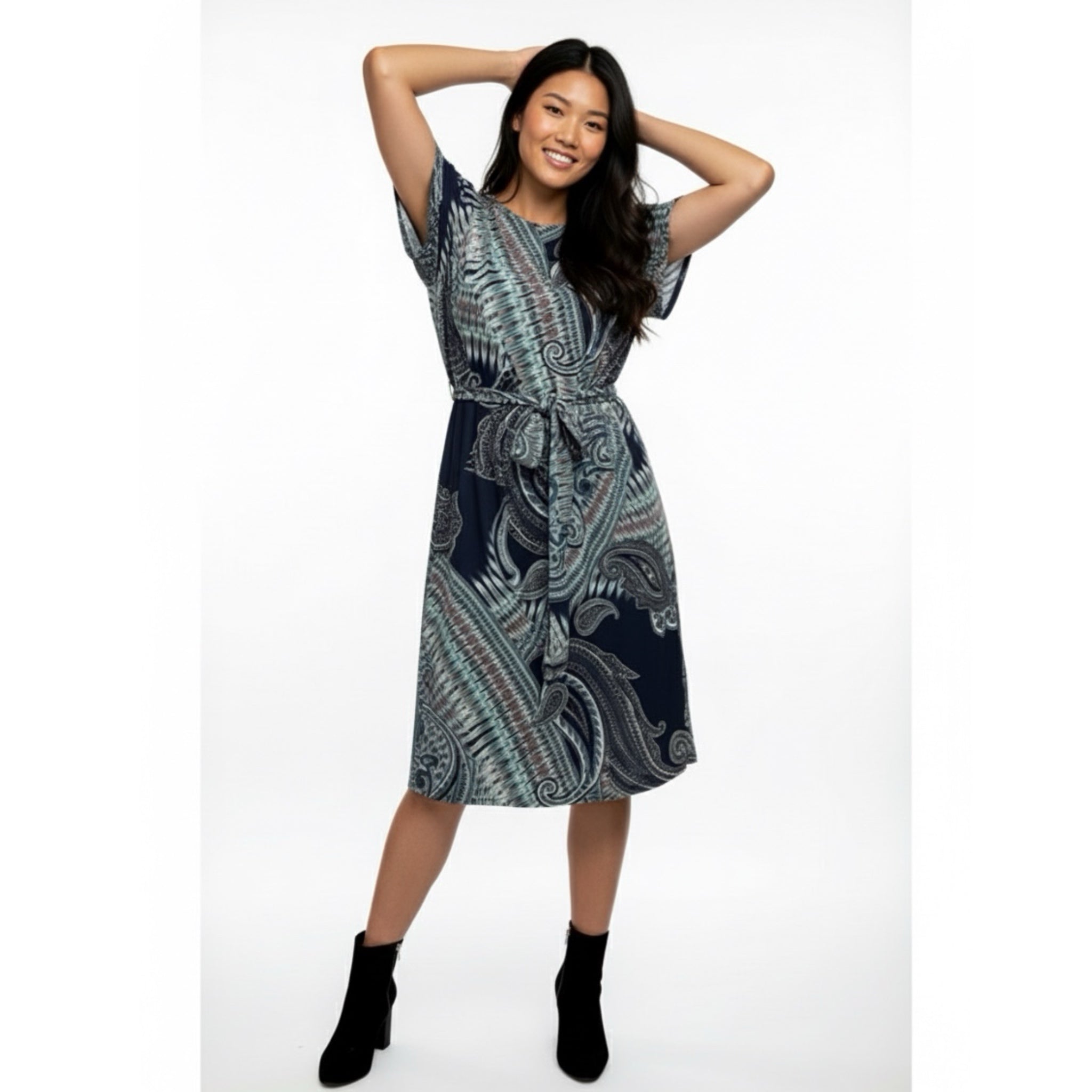 Renee C. Women’s Dress 1X Paisley Print Short Sleeve Belted Made In USA