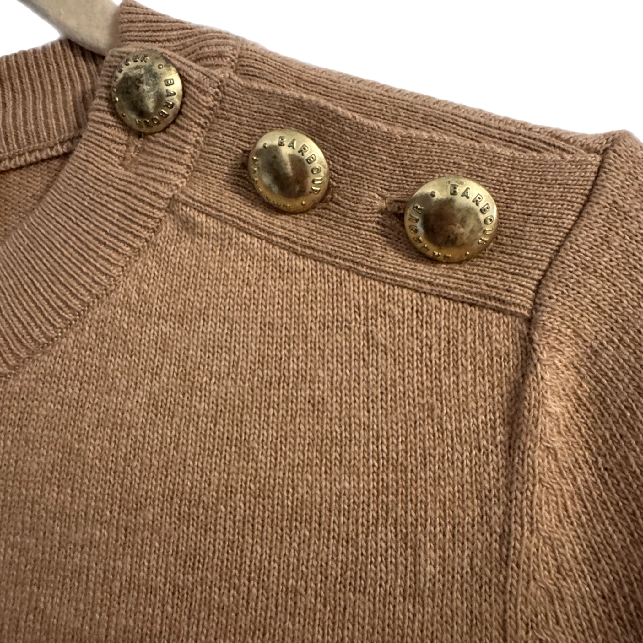 BARBOUR Heritage Sweater Wool Cashmere Knit Gold Buttons in Beige