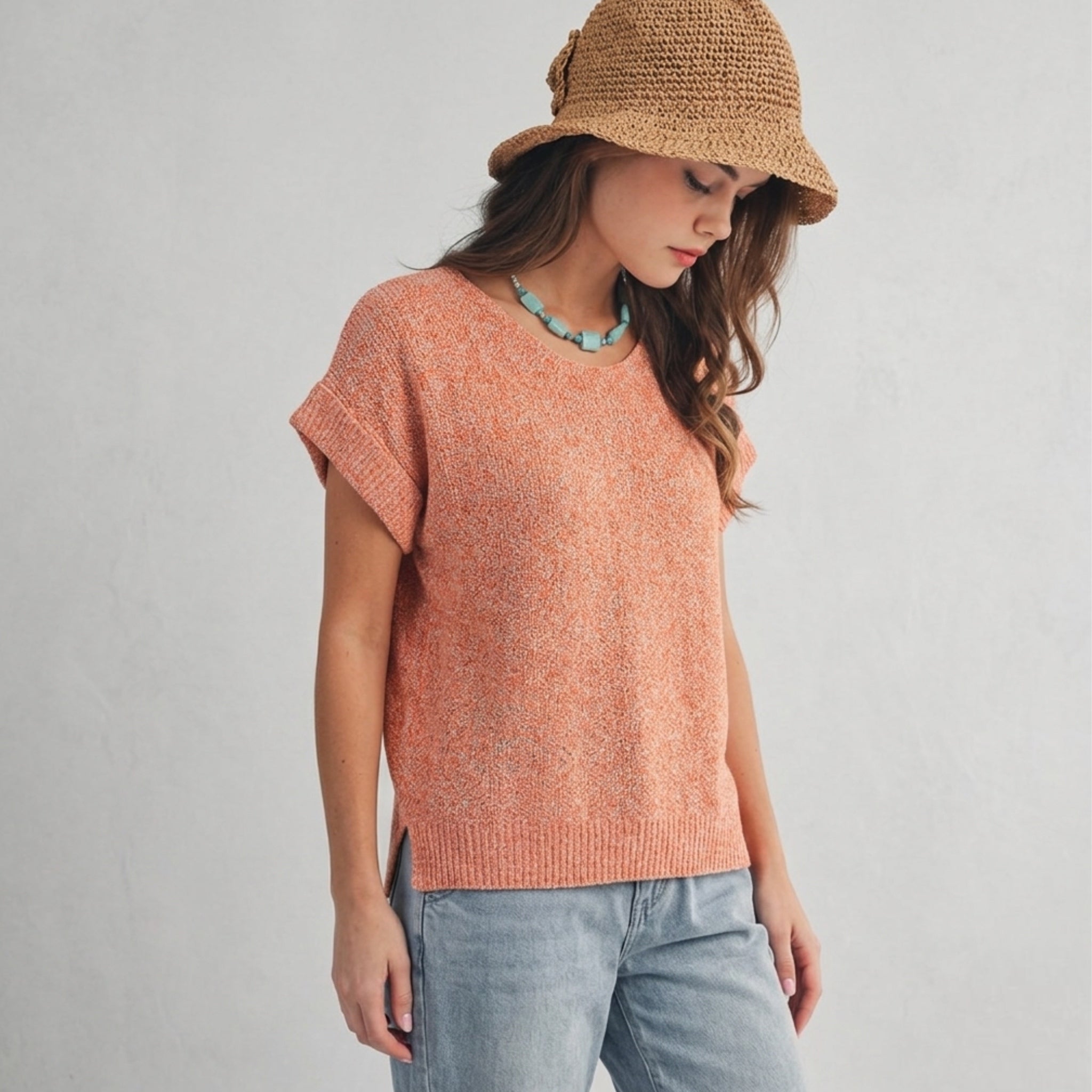 La Miel Short Sleeve Knit Sweater in Boho Burnt Orange Marl