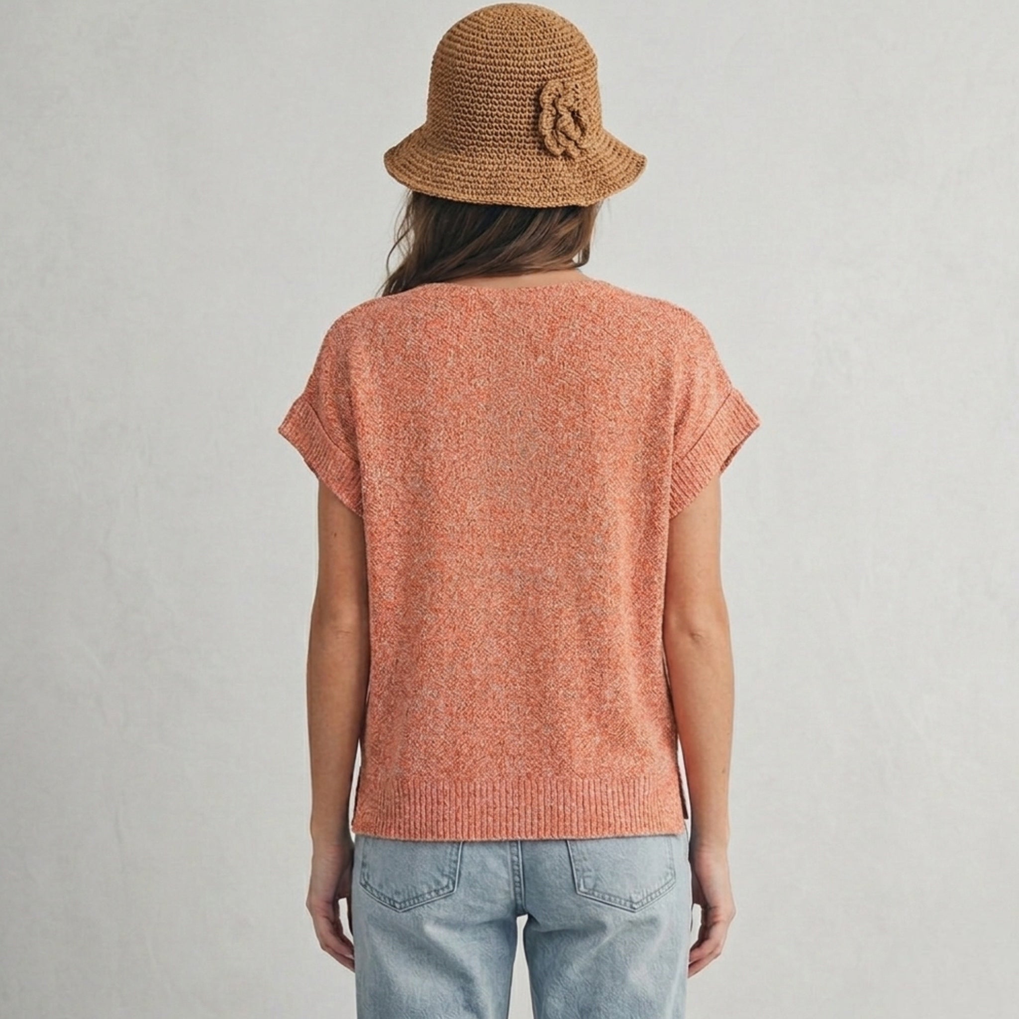 La Miel Short Sleeve Knit Sweater in Boho Burnt Orange Marl