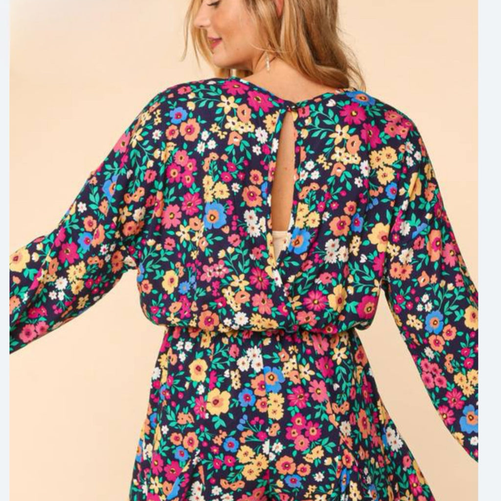 HAPTICS Feeling Bold Navy Floral Challis Woven Romper Long Sleeve Large Only