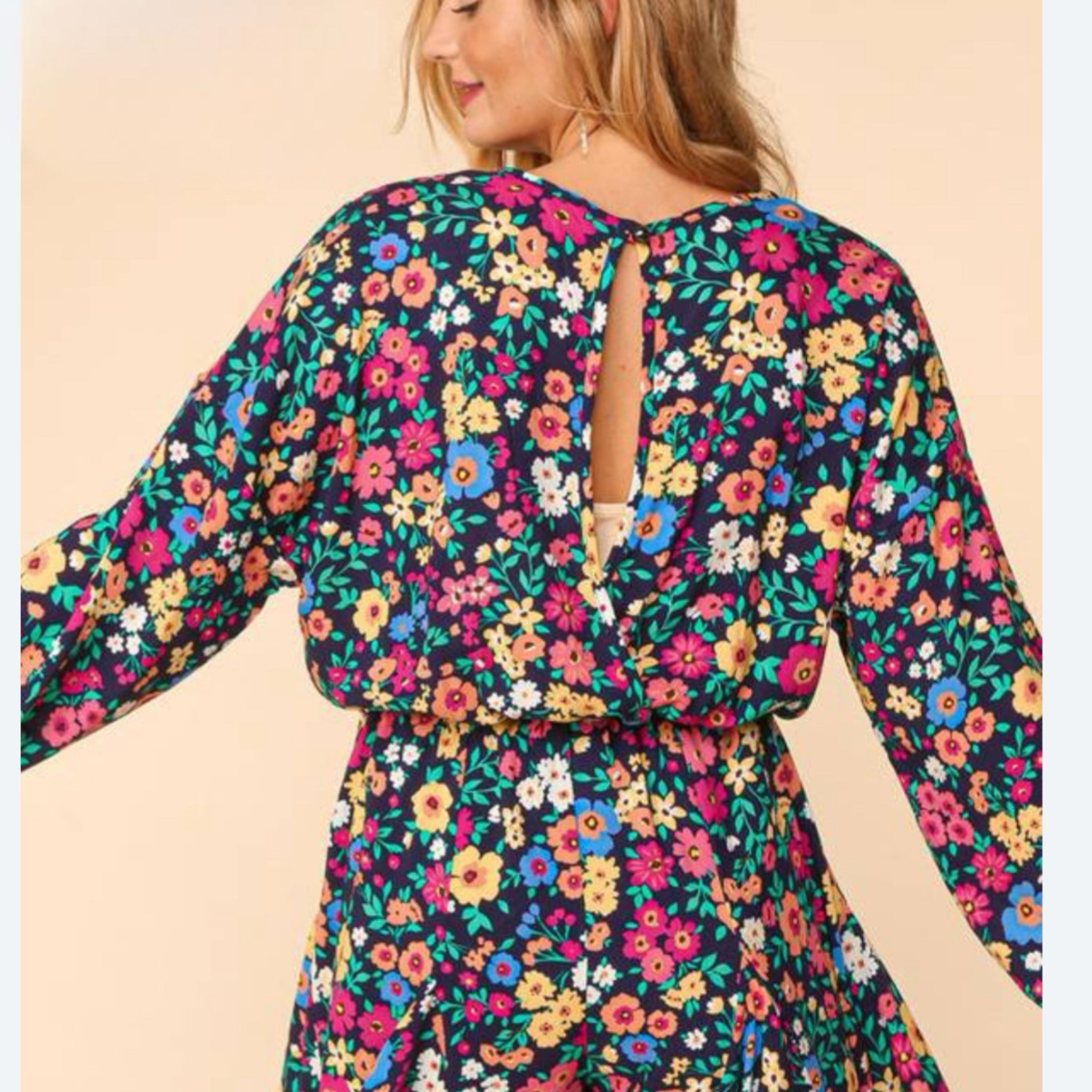 HAPTICS Feeling Bold Navy Floral Challis Woven Romper Long Sleeve Large Only