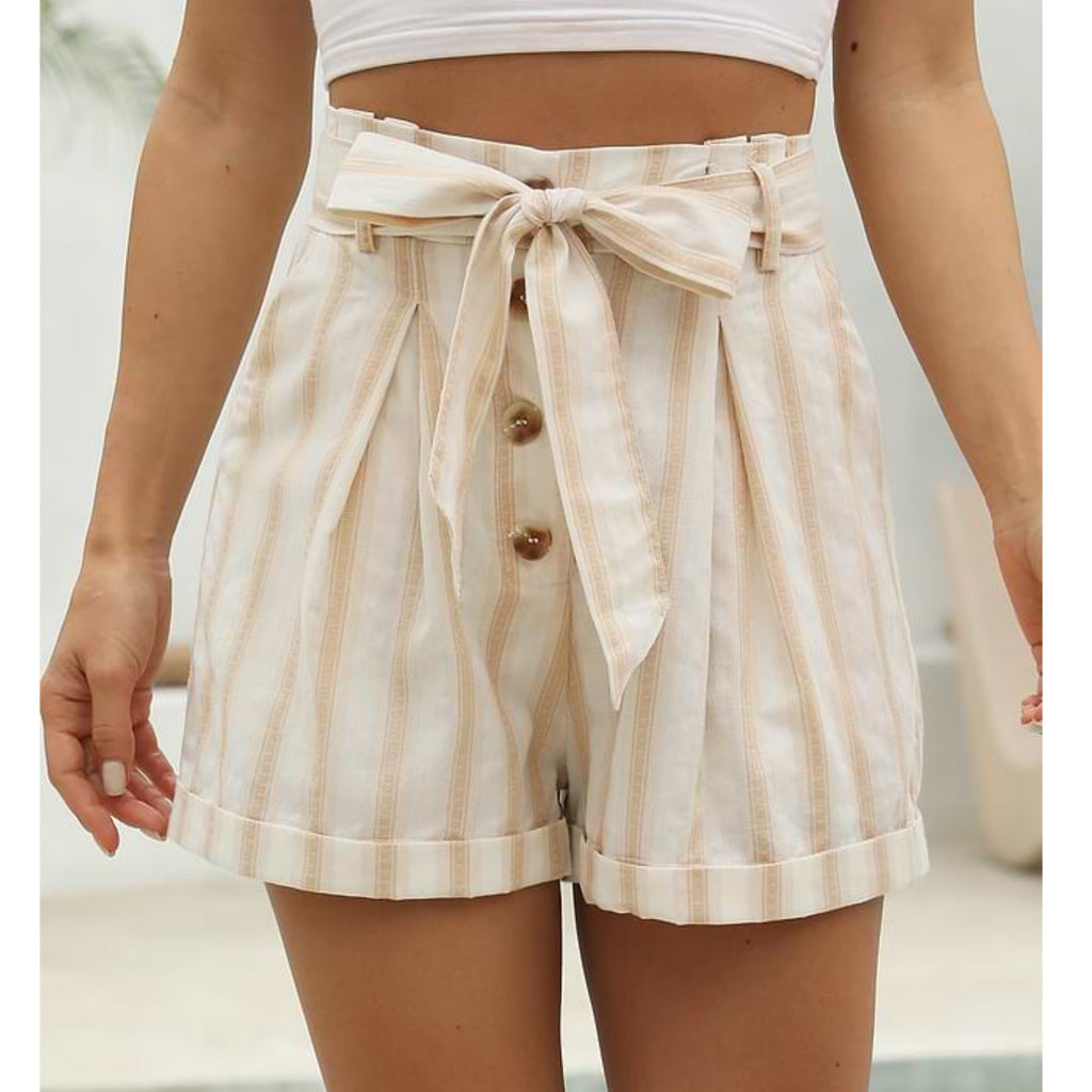 Apricot Stripe Tie Waist Pocketed Shorts Cotton Women’s High Rise