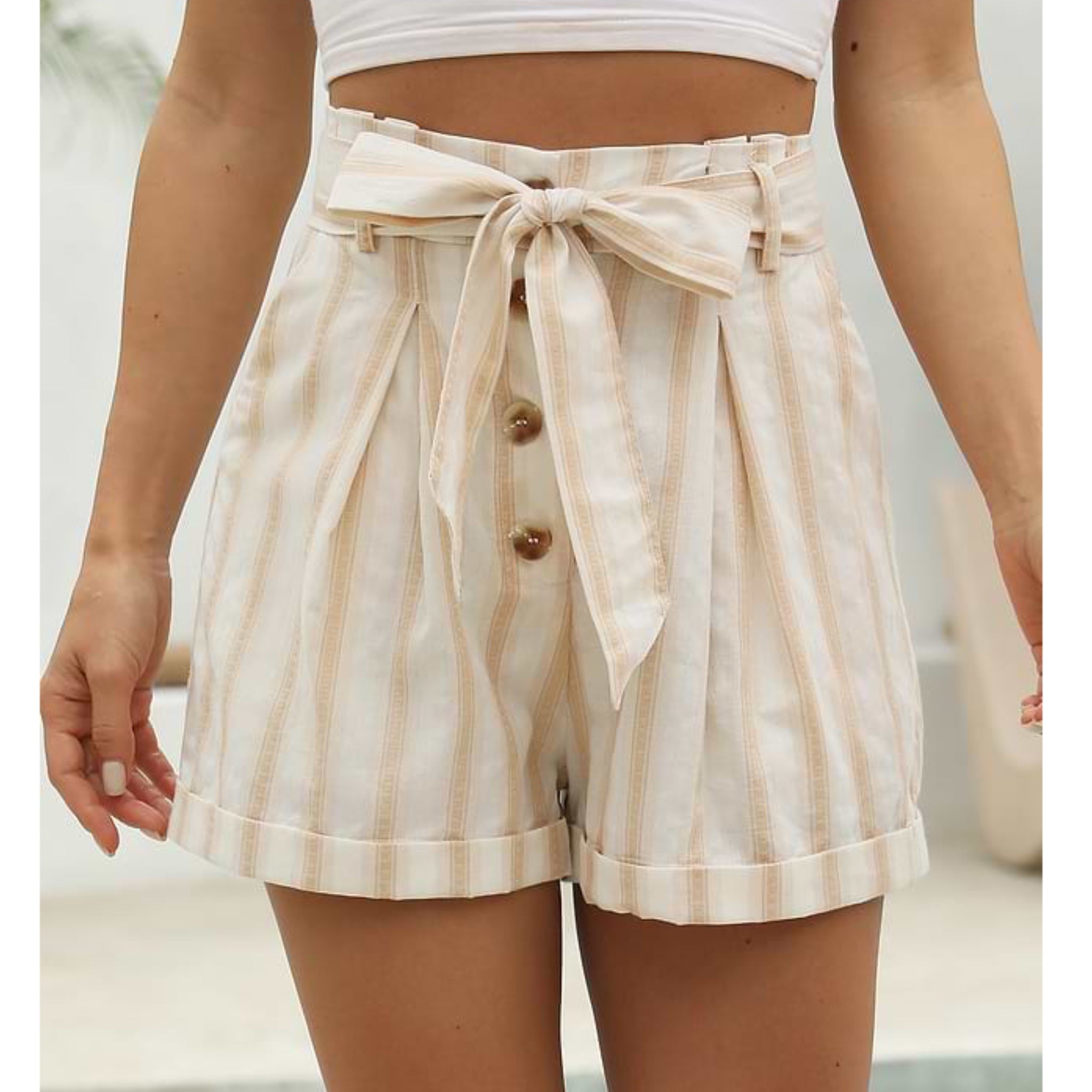 Apricot Stripe Tie Waist Pocketed Shorts Cotton Women’s High Rise