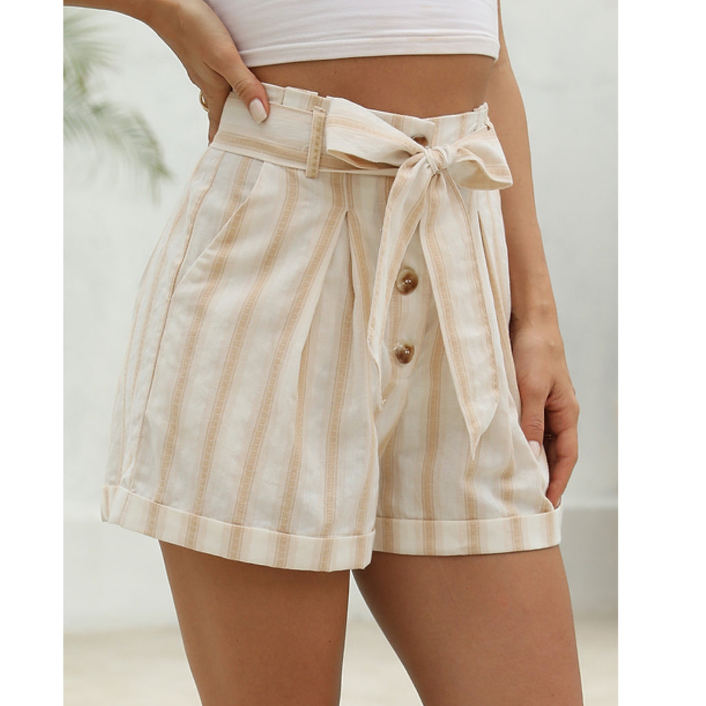 Apricot Stripe Tie Waist Pocketed Shorts Cotton Women’s High Rise