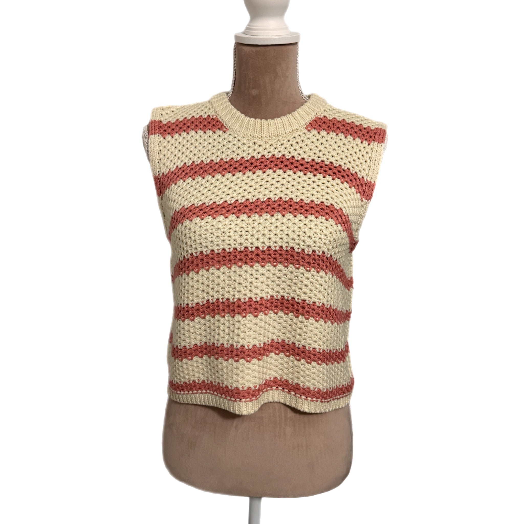 LA MIEL Coastal Open Knit Sweater Vest in Coral Beige Stripe