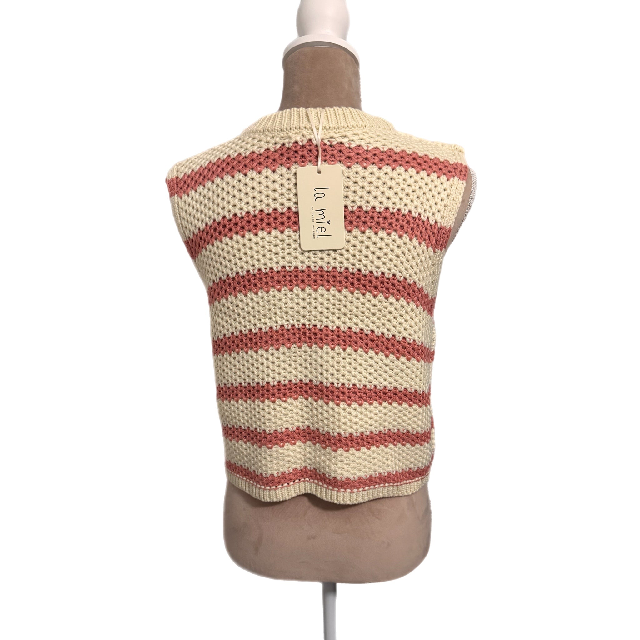 LA MIEL Coastal Open Knit Sweater Vest in Coral Beige Stripe