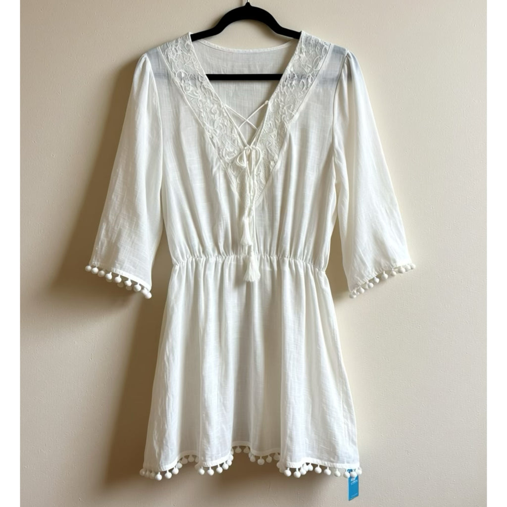 Lace-Up Tassel Cover-Up Dress Woven Semi Sheer in White