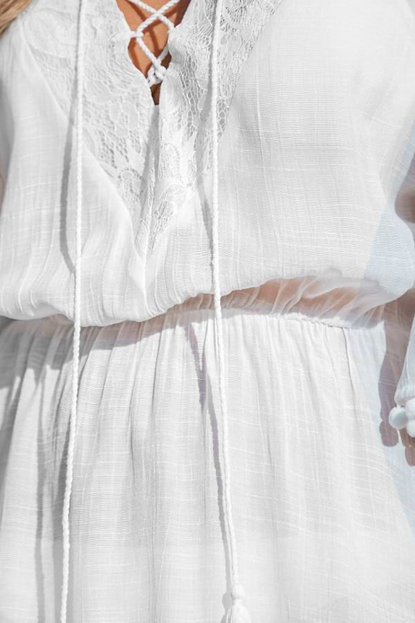 Lace-Up Tassel Cover-Up Dress Woven Semi Sheer in White