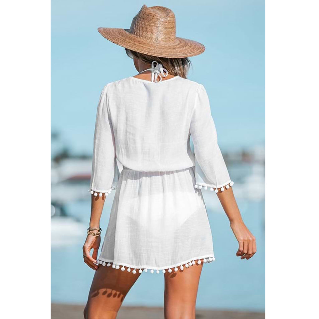 Lace-Up Tassel Cover-Up Dress Woven Semi Sheer in White