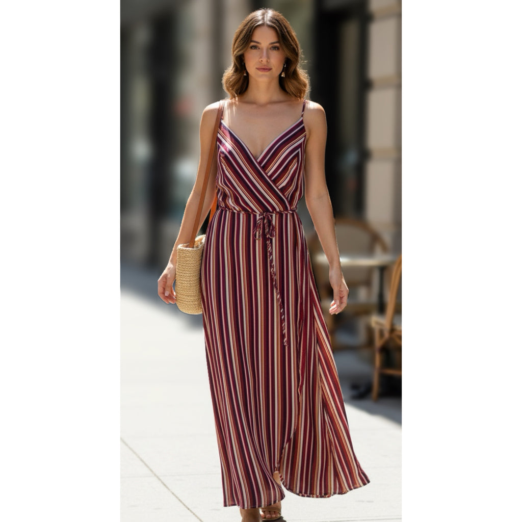 AQUA Women’s Resort Maxi Dress In Wine Stripe Sleeveless Wrap V Neck