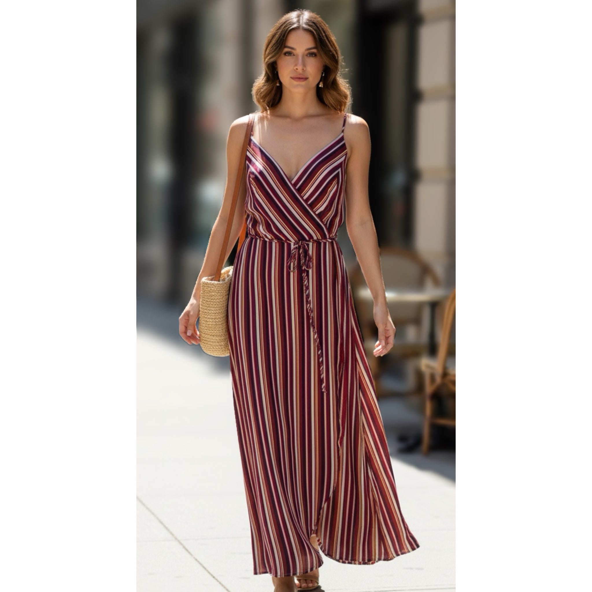 AQUA Women’s Resort Maxi Dress In Wine Stripe Sleeveless Wrap V Neck